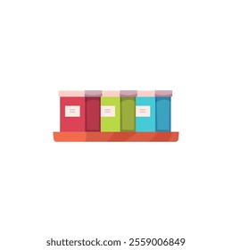 Shelf with products in colorful boxes flat icon. Containers on the wooden shelf, food storage in assortment, meal packing. Vector cartoon illustration isolated on white background