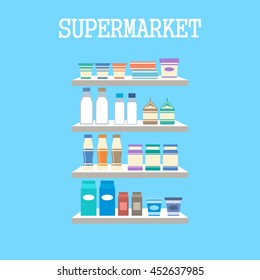 Shelf with products on a blue background. Vector