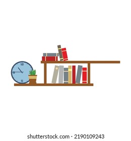 Shelf rack with books for reading and round clock. Flat vector isolated on white background