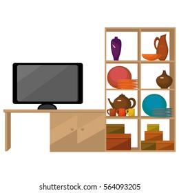 Shelf rack with utensils,kettle, cups ,vases.On the table is a monitor.The flat pattern. Vector illustration.