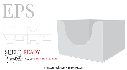 Shelf ready, vector. Template with die cut / laser cut lines. White, clear, blank, isolated shelf ready mock up on white background with perspective presentation. Packaging design