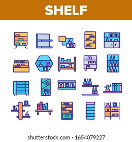 Shelf Room Furniture Collection Icons Set Vector. Shelf With Books And Drink, Documents And Domestic Plant, Shop Shelving And Bar Concept Linear Pictograms. Color Illustrations