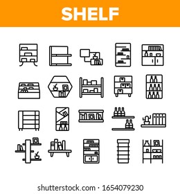 Shelf Room Furniture Collection Icons Set Vector. Shelf With Books And Drink, Documents And Domestic Plant, Shop Shelving And Bar Concept Linear Pictograms. Monochrome Contour Illustrations