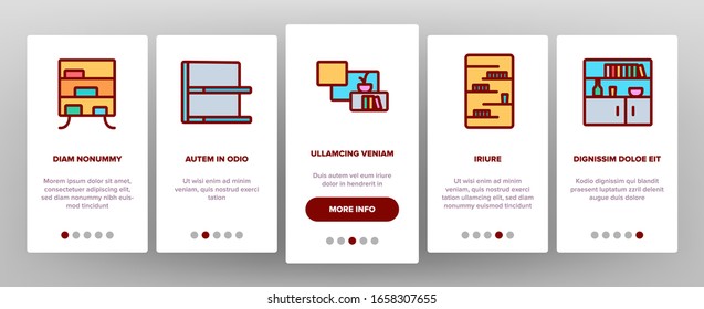 Shelf Room Furniture Onboarding Icons Set Vector. Shelf With Books And Drink, Documents And Domestic Plant, Shop Shelving And Bar Illustrations