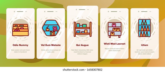 Shelf Room Furniture Onboarding Icons Set Vector. Shelf With Books And Drink, Documents And Domestic Plant, Shop Shelving And Bar Illustrations