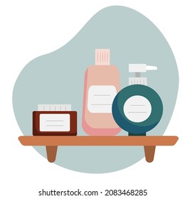 Shelf with set of color cosmetic bottles on
white isolated background. Vector flat illustration design