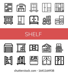 shelf simple icons set. Contains such icons as Bookcase, Closet, Warehouse, Wardrobe, Window, Bookshelf, Refrigerator, Book shelf, Shelf, can be used for web, mobile and logo