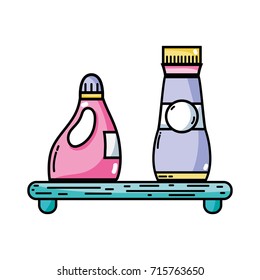 shelf with softener and detergent liquid bottle