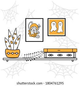 A shelf of spell books, a portrait of ghosts, a magic house. Halloween. Interior illustration. Hand drawn vector