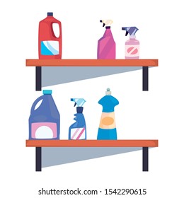 shelf with spray detergent bottles cleaning products and supplies vector illustration