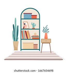 Shelf stand, cabinet with books and storage boxes, side table with drawer and flowers and vase, striped carpet and potted cactus, flat style vector illustration isolated on white background