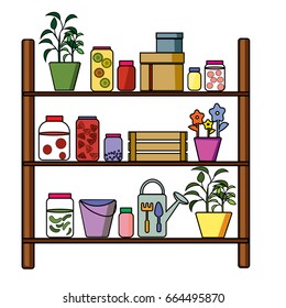 Shelf for storage with glass jars boxes box and pots for flowers.