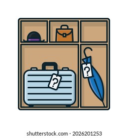 Shelf with suitcase, umbrella, hat and handbag isolated vector illustration for Lost and Found Day on December 10
