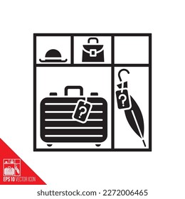 Shelf with suitcase, umbrella, hat and handbag vector glyph icon. Lost and Found Concept.
