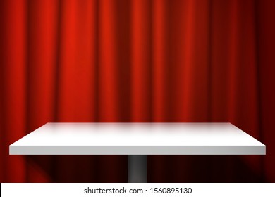 Shelf or table against the background of a red curtain. Mockup for design