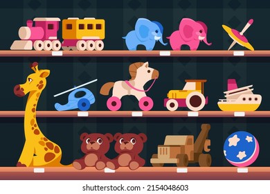 Shelf with toys. Cartoon shop shelves with colorful kid toys, various transport animals and puzzles. Vector children toyshop illustration. Wooden and plastic teddy, helicopter, tractor