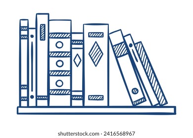 A shelf with various books. Hand drawn vector illustration.