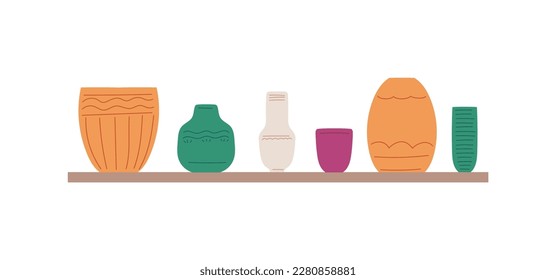 Shelf with vases for home decor sales and second hand market, flat vector illustration isolated on white background. Interior and home decor flea market symbol.