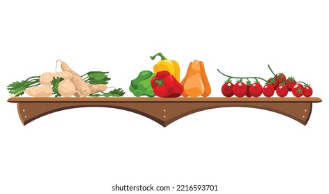 Shelf with vegetables. Assorted fresh vegetables. Farmers marker, grocery store, zero waste shop. Local market food, fresh and organic farm products. Delicious and healthy food on wooden shelf