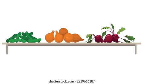 Shelf with vegetables. Assorted fresh vegetables. Farmers marker, grocery store, zero waste shop. Local market food, fresh and organic farm products. Delicious and healthy food on wooden shelf