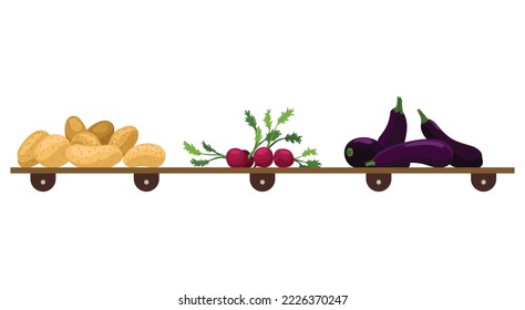 Shelf with vegetables. Assorted fresh vegetables. Farmers marker, grocery store, zero waste shop. Local market food, fresh and organic farm products. Delicious and healthy food on wooden shelf