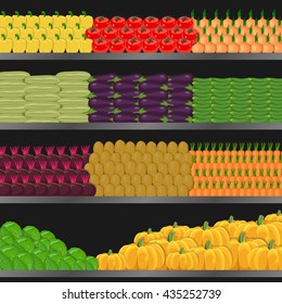 Shelf with vegetables in the supermarket on a black background