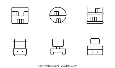 Estante, estantes de la pared, estantería, estantería, diseño del sistema del Vector del icono de los muebles con el movimiento editable. Línea, sólido, línea plana, estilo delgado y conveniente para la página del Web, App móvil, UI, diseño de UX.