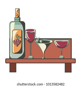 Shelf with wine bottle and glasses