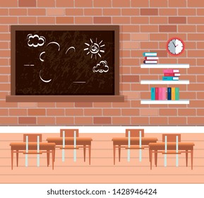shelf wooden and chalkboard in school classroom