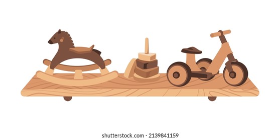 Shelf With Wooden Toys And Games For Kids Education, Flat Cartoon Vector Illustration Isolated On White Background. Children Play And Development Wooden Toy Craft Kit.