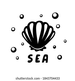 Shell, air bubbles, sea lettering. Black hand drawn illustration for stamp, sticker, print. Outline vector silhouette drawing, white background