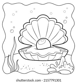 Shell black and white. Coloring book or Coloring page for kids. Marine background vector illustration