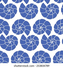 Shell blue vector on white background seamless pattern. Marine background.