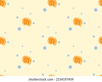 Shell cartoon character seamless pattern on yellow background.Pixel style