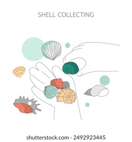 Shell Collecting concept. Illustration captures the joy of gathering various seashells by the beach during summertime. Hand-picked ocean treasures shown in delicate art style. Vector illustration.