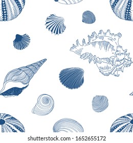 Shell collection sketchy vector seamless pattern. Underwater creatures classic blue inky linear illustration backdrop. Elegant ocean animals surface textile, wallpaper design