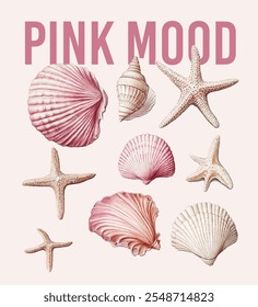 Shell collector vintage seashell t-shirt design vector image, Pink Mood Seashell summer slogan print drawing illustration for a graphic tee, Sketch of sea life elements vintage seashell print art