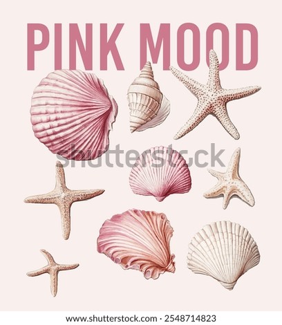 Shell collector vintage seashell t-shirt design vector image, Pink Mood Seashell summer slogan print drawing illustration for a graphic tee, Sketch of sea life elements vintage seashell print art