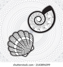 shell coloring page design with mandala background.
