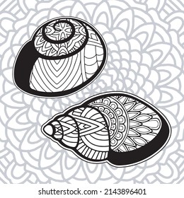 shell coloring page design with mandala background.
