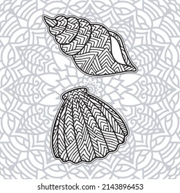 shell coloring page design with mandala background.
