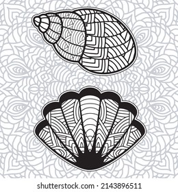 shell coloring page design with mandala background.
