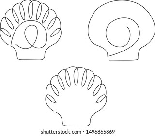 Shell continuous line drawing set, tattoo, print for clothes and logo design, silhouette single line on a white background, isolated vector illustration.