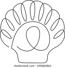 Shell continuous line drawing, tattoo, print for clothes and logo design, silhouette single line on a white background, isolated vector illustration.