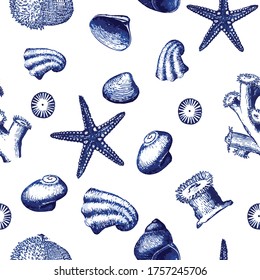 Shell and Coral Beach Style Nautical Repeat Pattern Illustration Vector