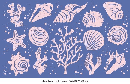 Shell and coral illustration set. Abstract drawing, silhouette, vintage texture.