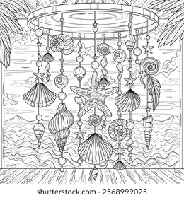 Shell crafts hanging on the beach by the sea.Coloring book antistress for children and adults. Illustration isolated on white background.Zen-tangle style. Hand draw