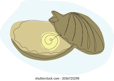 the shell is drawn with one continuous line, the contour of the seashell with pearls, a beige double-winged shell on a blue background
