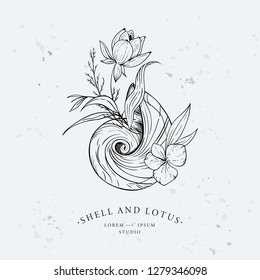 Shell entwined with algae and lotus flower. Marine logo concept on grunge background. Hand drawn vector illustration.