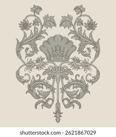 Shell with floral ornament and flower, Vintage  engraving drawing style illustration